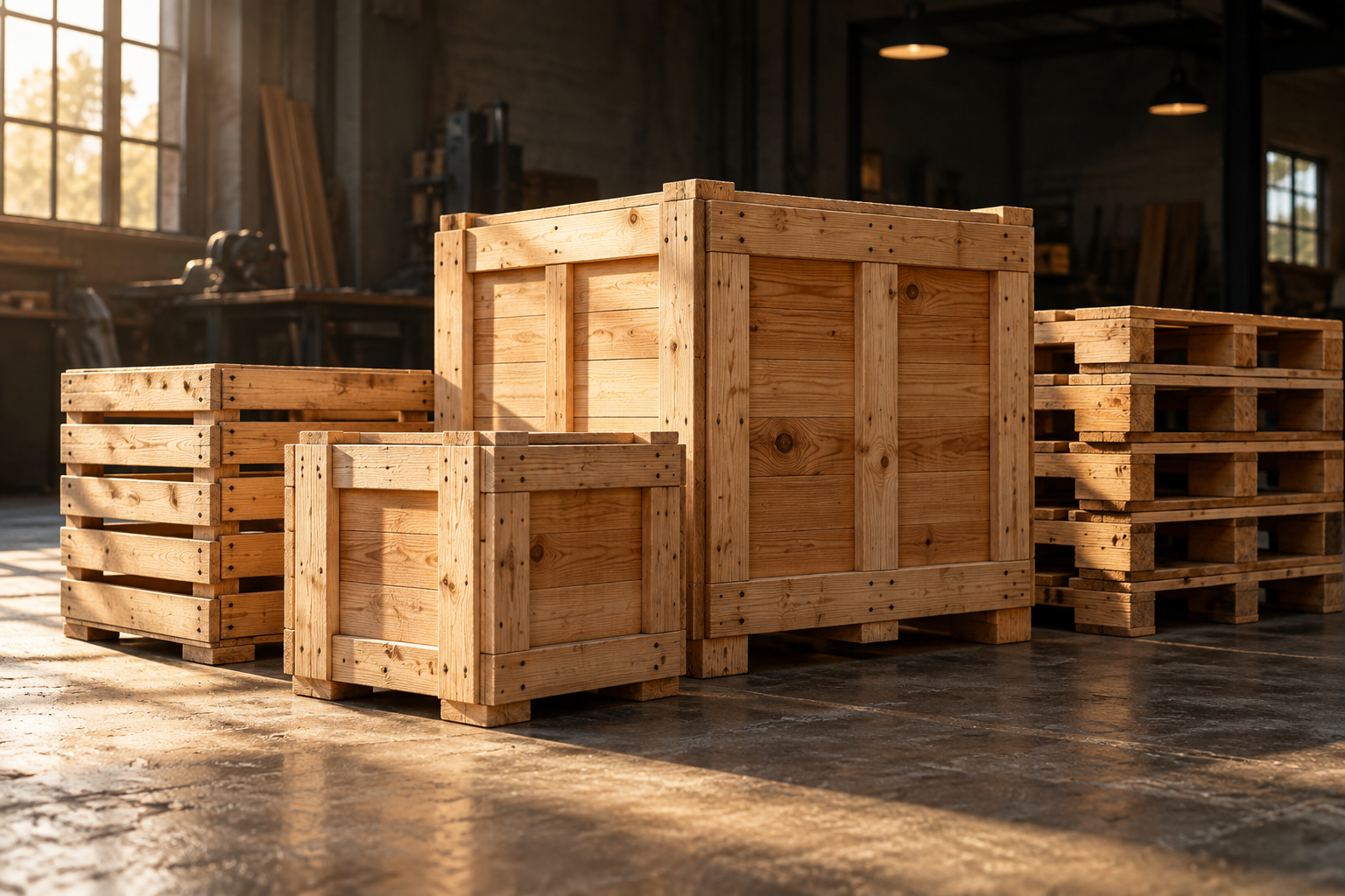 Illustration of wooden shipping boxes, a slatted crate and stacked pallets in warm workshop light